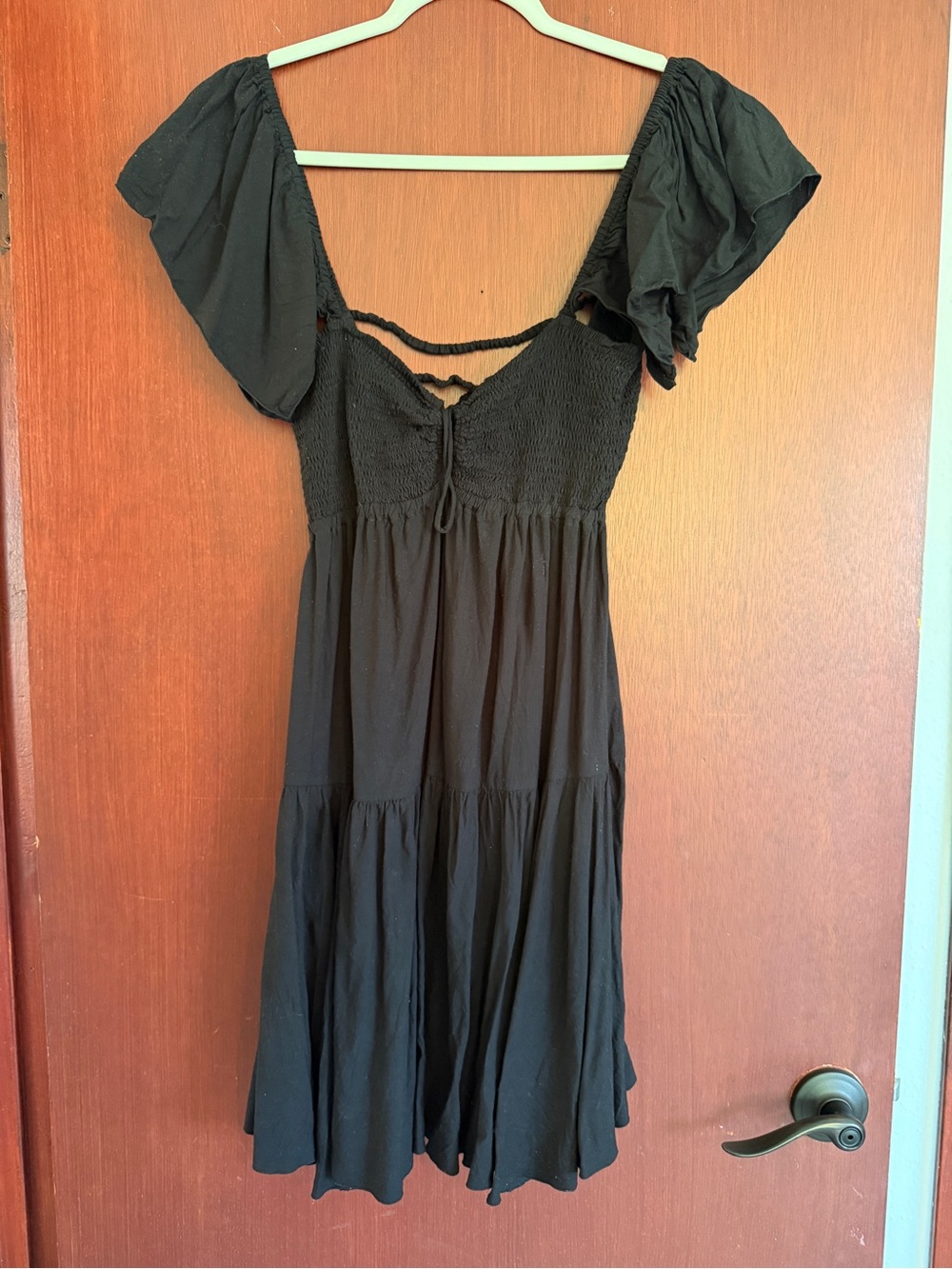 Black Smocked Puff-Sleeve Mini Dress